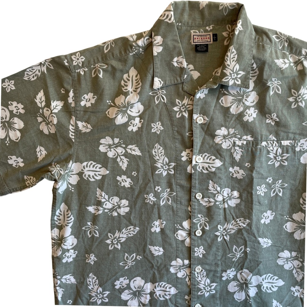 Arizona Jean Company‎ Mens Hawaiian Shirt Large Aloha Floral Green Button Up